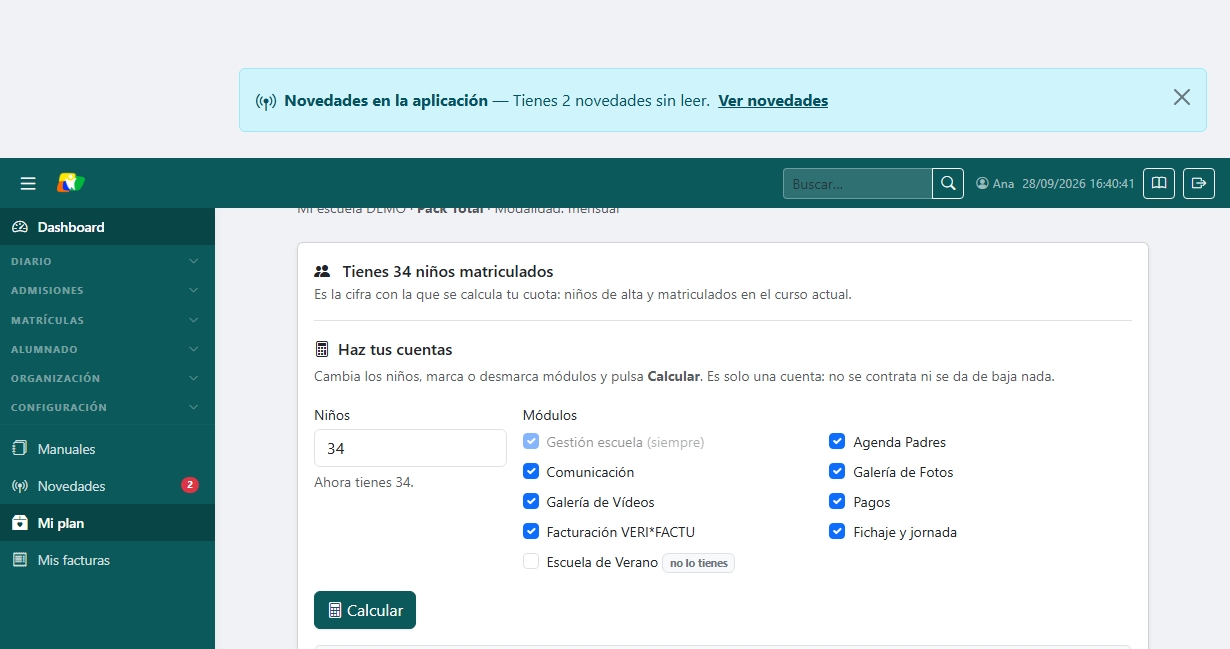 Pantalla «Mi plan» con los módulos activos de la escuela y su importe.