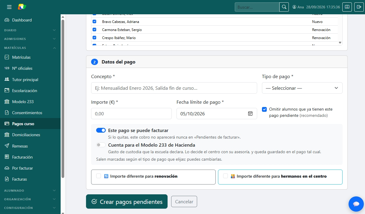 Pantalla de alta de las cuotas del mes para todos los alumnos a la vez.