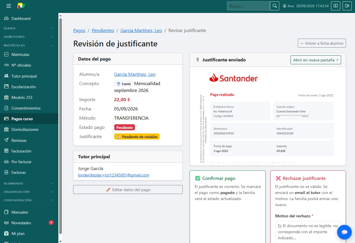 Bandeja de justificantes con un pago pendiente de validar.