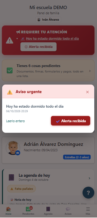 Aviso del centro en el móvil, con su botón para confirmar la lectura.